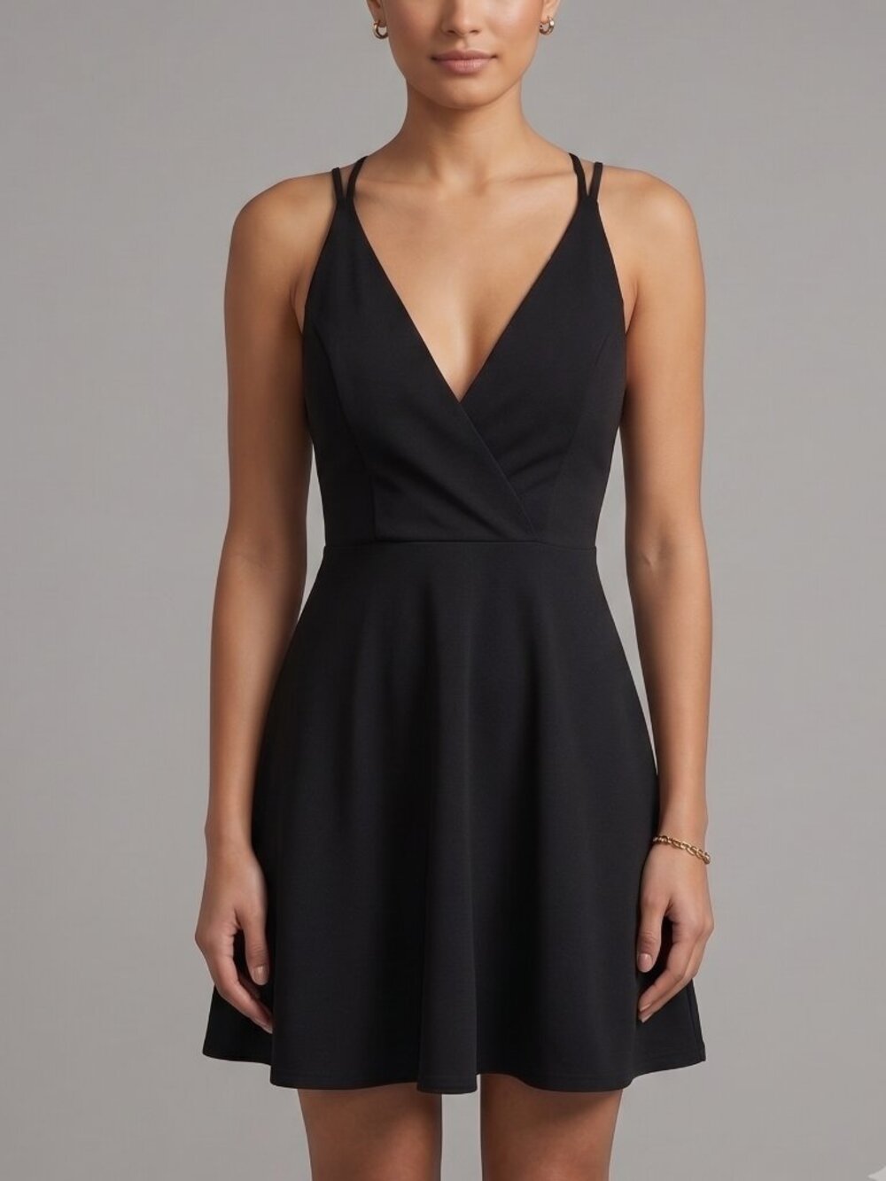 Little Black Strappy V-Neck Skater Mini Dress - Size: S
